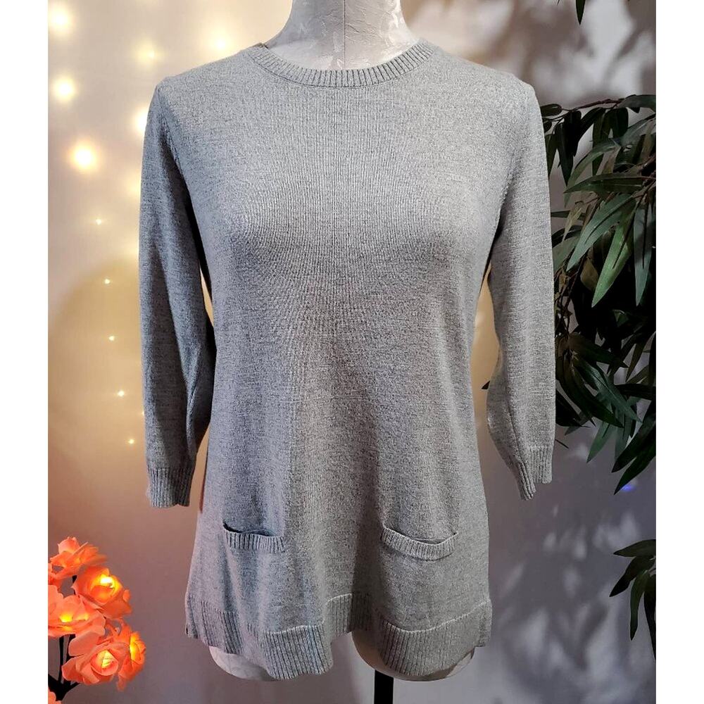 Talbots Knit Gray Heathered 3/4 Sleeve Sweater Women's Size L with Pockets
